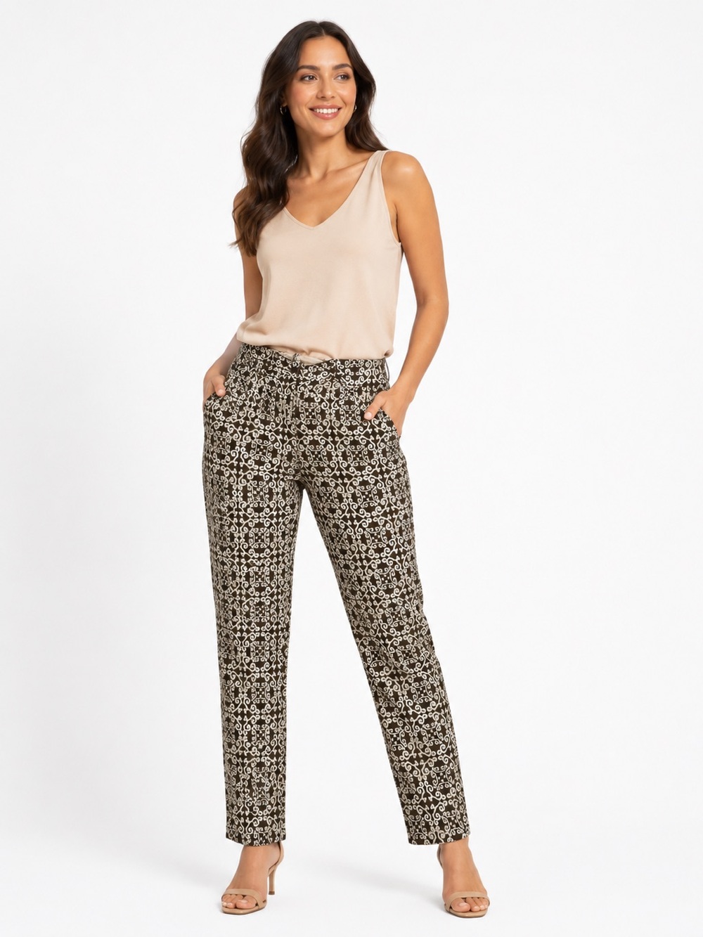 J. McLaughlin Women's Jeans Beige White Scroll Floral Pattern Cotton Pants Sz 0